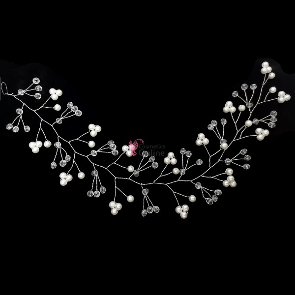 Accesoriu modern pentru decor par WED45LL Argintiu cu cristale si perle de 35cm